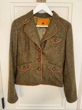 CYNTHIA STEFFE! Olive Tweed Blazer with Tan Leather Trim!